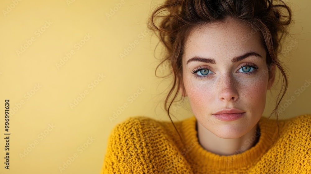 A detailed portrait of a young woman with piercing blue eyes, wearing a cozy yellow sweater, epitomizing vibrancy and contemplation against a warm backdrop. A detailed portrait of a young woman with piercing blue eyes, wearing a cozy yellow sweater, epitomizing vibrancy and contemplation against a warm backdrop.