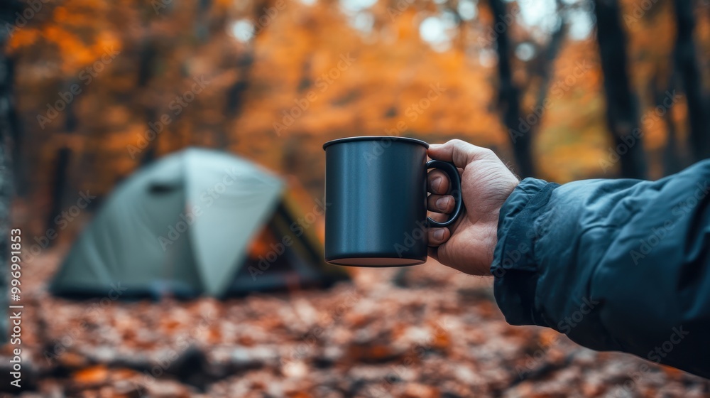 A person holding a mug in a forest setting with a tent, surrounded by autumn foliage. A person holding a mug in a forest setting with a tent, surrounded by autumn foliage.