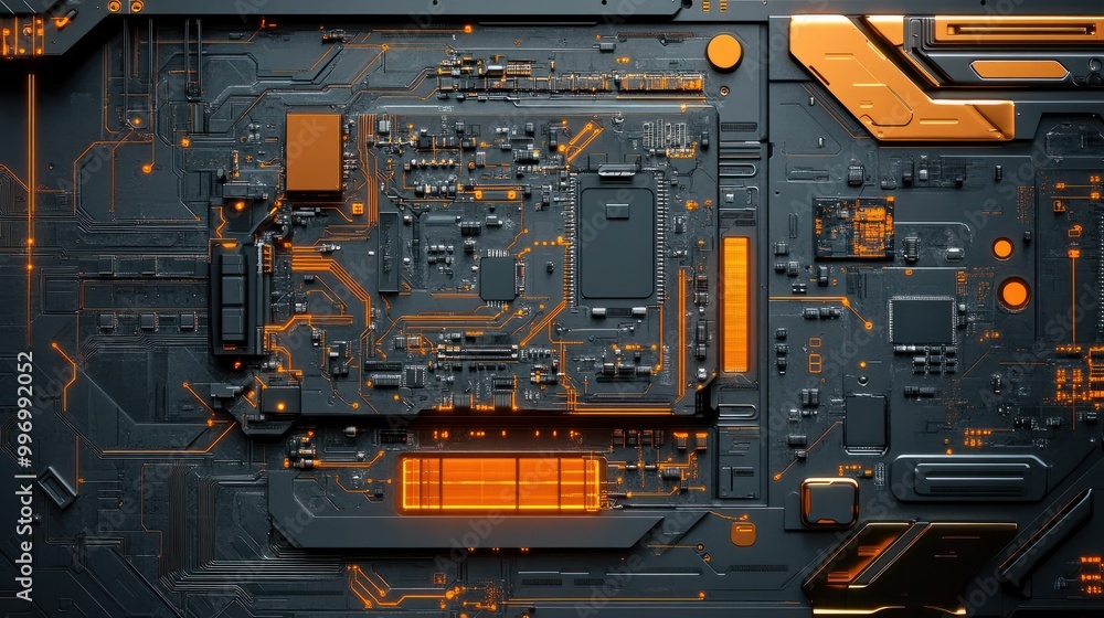 Fototapeta premium Technical blueprint of a robotic copper circuit board, monochromatic with metallic accents, intricate wiring paths, minimalistic labels, detailed layers and connections, AI-powered design tools