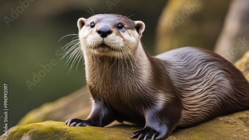 Dark-brown otter with white markings rests on a rock looking attentively at the viewer. photo