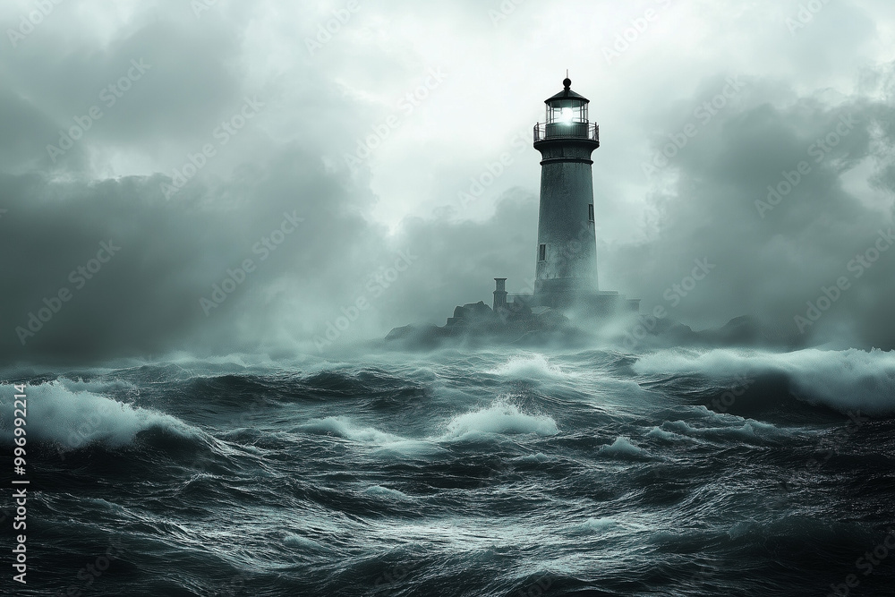 Solitary Lighthouse on a Distant Island, Its Light Shining Brightly Across the Dark, Turbulent Waters Solitary Lighthouse on a Distant Island, Its Light Shining Brightly Across the Dark, Turbulent Waters