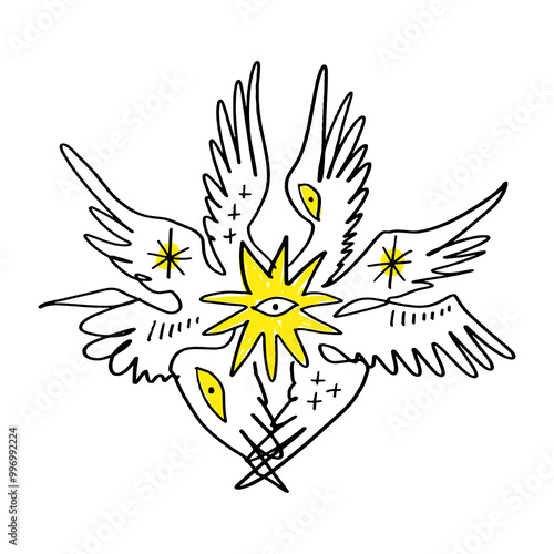 Bible accurate angel vector illustration clipart. Hand-drawn Seraphim print for tattoo, sticker and more.