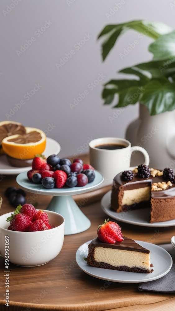 A wooden table set with fruit bowls coffee and small plant in a cozy kitchen background. A wooden table set with fruit bowls coffee and small plant in a cozy kitchen background.