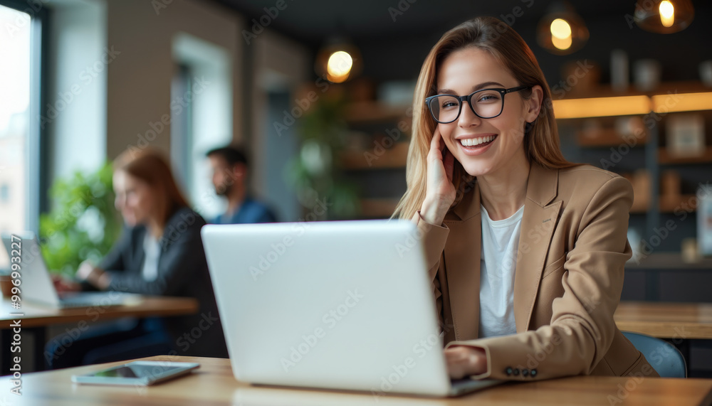 Happy woman smiling joyfully while working on laptop Happy woman smiling joyfully while working on laptop