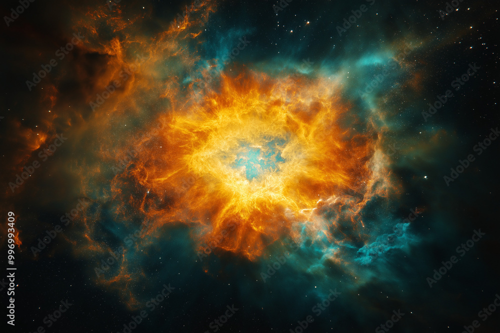 Fototapeta premium Mesmerizing Nebula Glowing in Vibrant Colors Deep in the Void of Space, Showcasing the Beauty of the Cosmos
