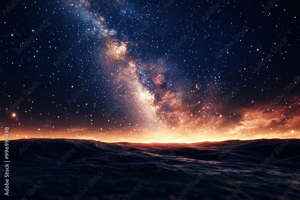 Naklejka premium Breathtaking View of the Milky Way Galaxy Arching Across the Night Sky, Seen from a Remote Mountain Peak