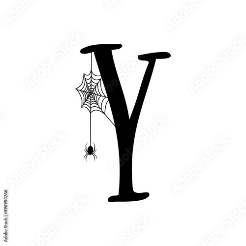 Logo con letra inicial Y con tela de araña y araña colgando para tarjetas y felicitaciones de Halloween