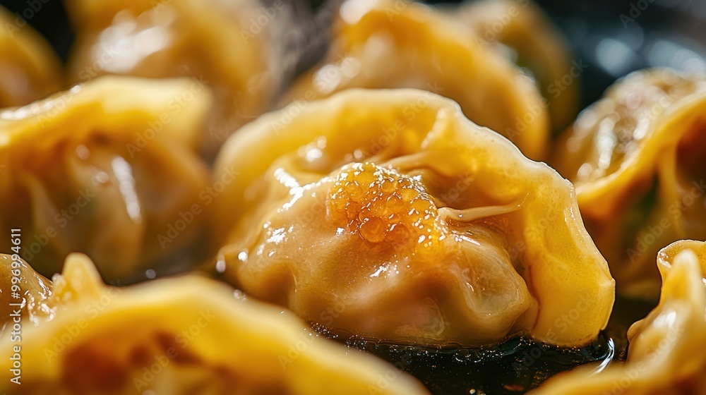 Close-up of delicious dumplings sizzling in a pan, showcasing their golden, crispy texture. Close-up of delicious dumplings sizzling in a pan, showcasing their golden, crispy texture.