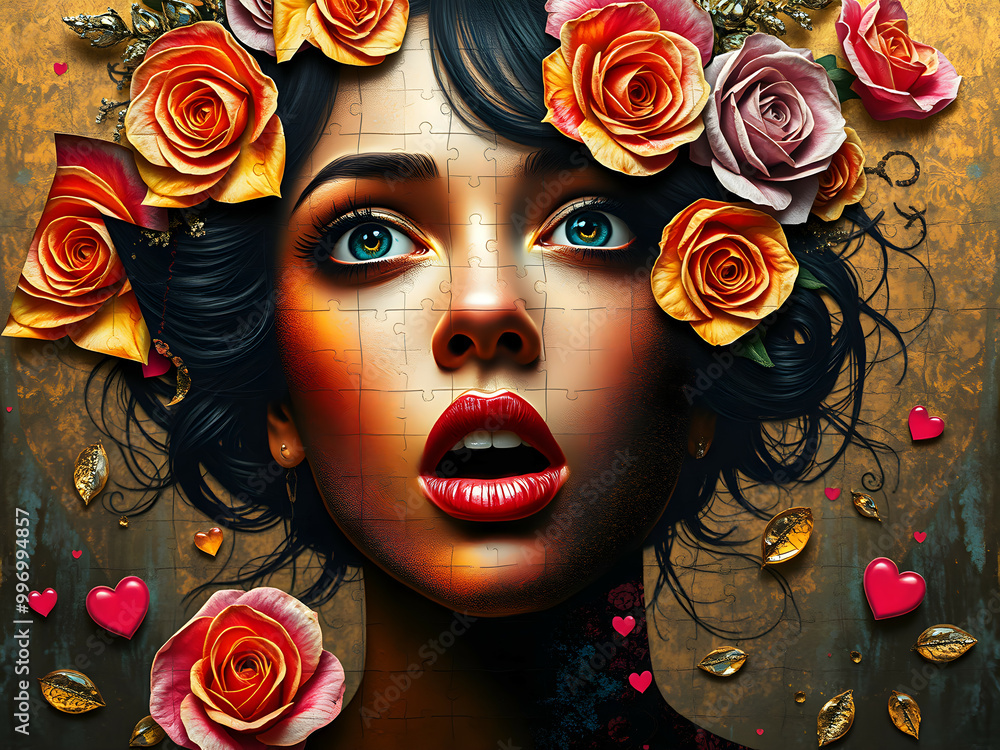 Fototapeta premium astonished and adoration expression of fragmented woman composed of puzzle pieces