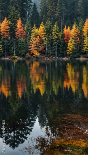 Reflection of foggy pine trees in a lake with autumn colors.