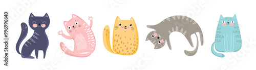 Set of illustrations colorful cats in various poses, vector