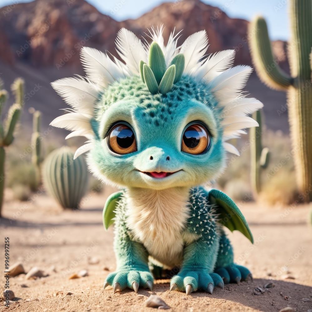 A cute, cartoonish dragon-like creature sits in a desert landscape with cacti. A cute, cartoonish dragon-like creature sits in a desert landscape with cacti.
