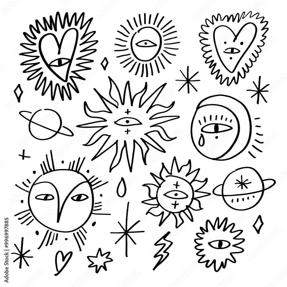 Space bundle of stylish freaky cool funny doodle stellar characters. Moons, suns and planets. Vintage astrology and astronomy concept. Hand-drawn set antique poster or pint clipart collection. Space bundle of stylish freaky cool funny doodle stellar characters. Moons, suns and planets. Vintage astrology and astronomy concept. Hand-drawn set antique poster or pint clipart collection.