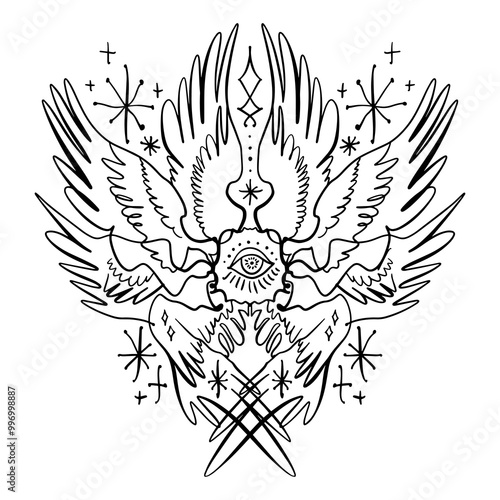 Bible accurate angel vector illustration clipart. Hand-drawn Seraphim print for tattoo, sticker and more.