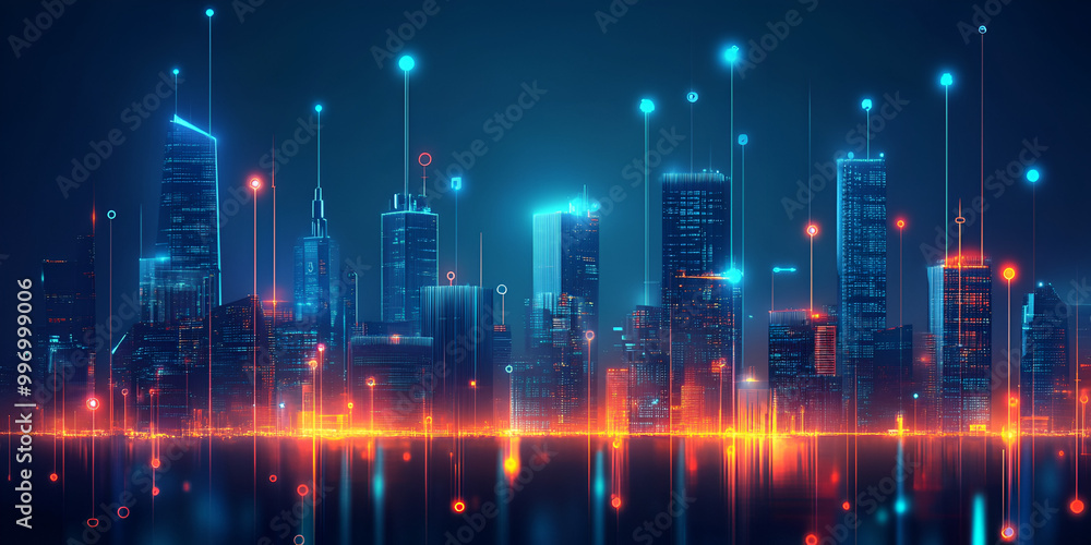 Fototapeta premium Futuristic Cityscape with Reflective Water at Night