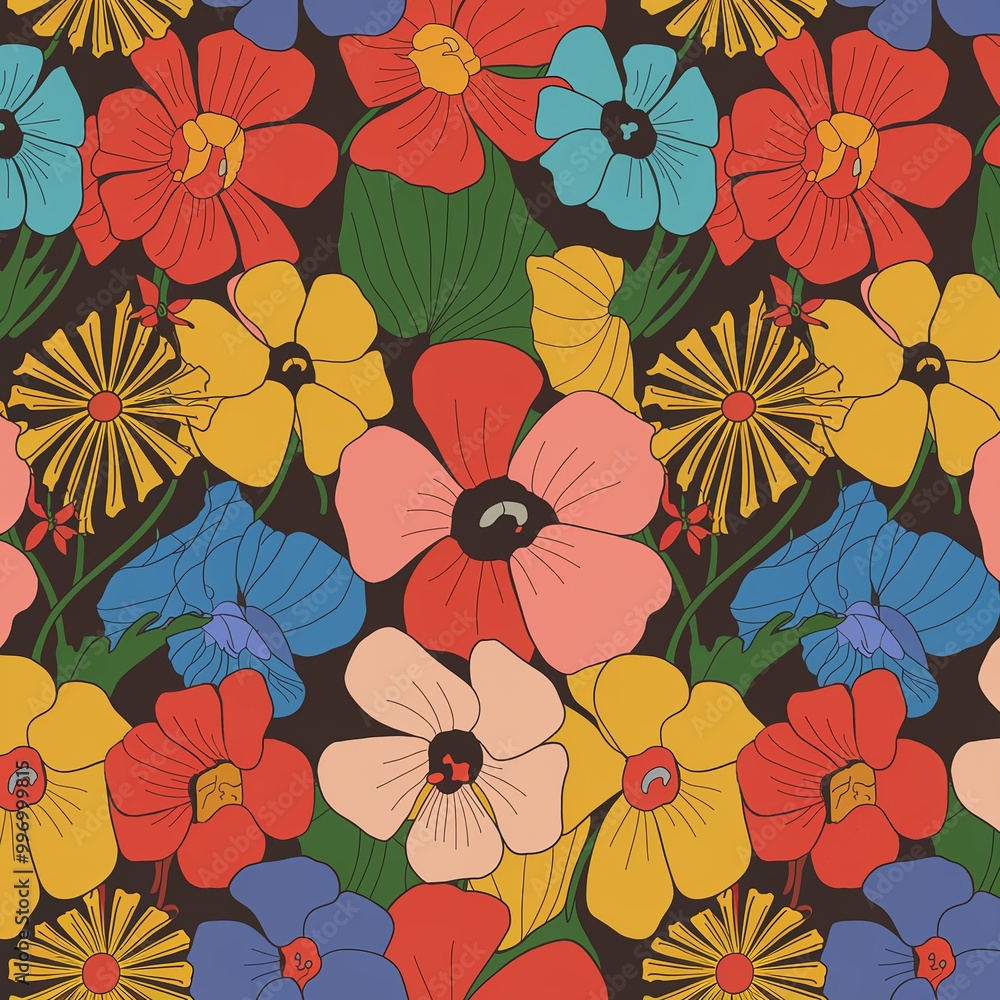 Add a pop of color to your designs with this abstract seamless pattern featuring bright, stylized flowers in shades of pink, yellow, orange, and blue. Perfect for backgrounds, wallpapers, and textiles