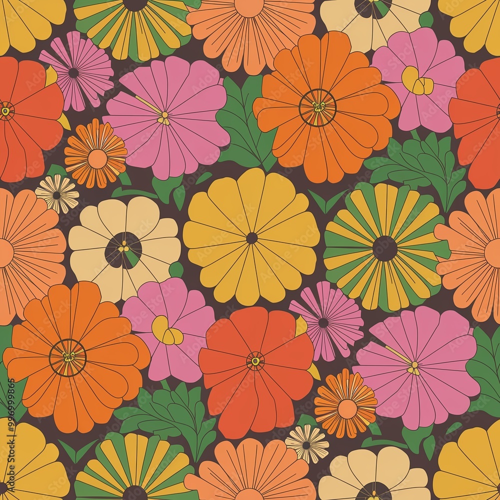 Add a pop of color to your designs with this abstract seamless pattern featuring bright, stylized flowers in shades of pink, yellow, orange, and blue. Perfect for backgrounds, wallpapers, and textiles Add a pop of color to your designs with this abstract seamless pattern featuring bright, stylized flowers in shades of pink, yellow, orange, and blue. Perfect for backgrounds, wallpapers, and textiles