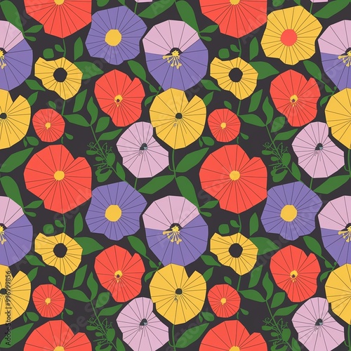 Add a pop of color to your designs with this abstract seamless pattern featuring bright, stylized flowers in shades of pink, yellow, orange, and blue. Perfect for backgrounds, wallpapers, and textiles
