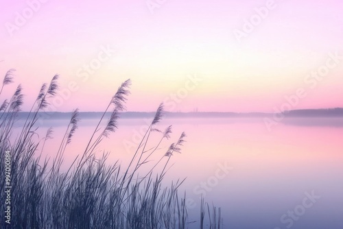 Serene Sunrise Over Calm Lake with Reeds