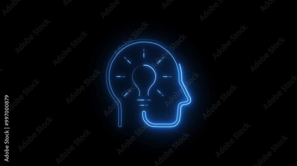 abstract neon head and bulb icon animation background on a black . abstract neon head and bulb icon animation background on a black .
