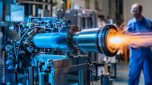 A long, silver tube is mounted on a metal stand. The tube is firing a stream of bright orange flame. A person in blue workwear stands behind the machine, blurred out of focus. photo