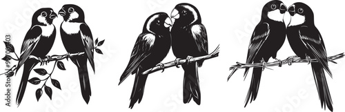 Set of Detailed Lovebird Vector Illustrations Perched on Branches