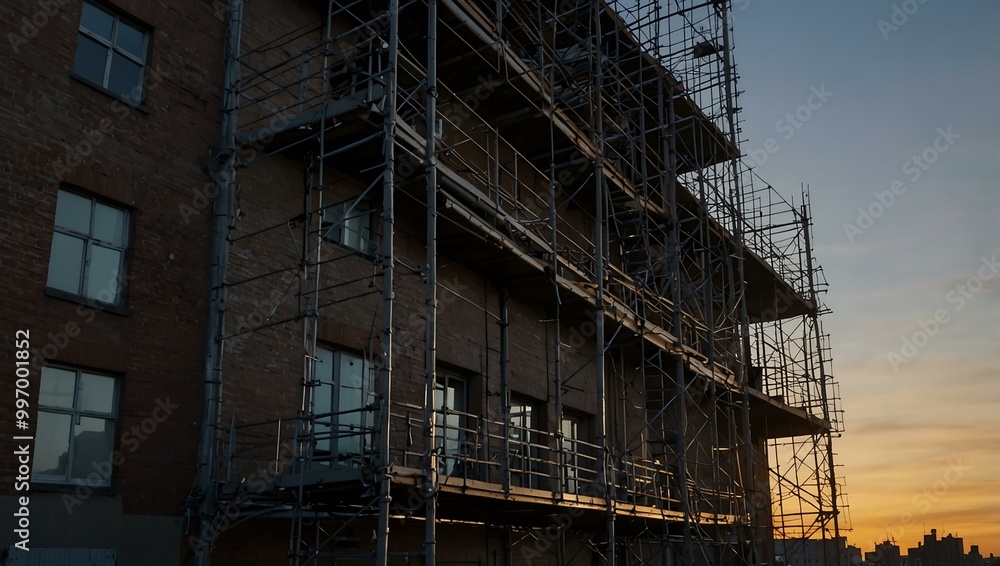 Scaffolding surrounding an urban building at dawn. Scaffolding surrounding an urban building at dawn.