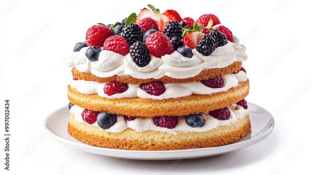 A delicious layered sponge cake topped with whipped cream and fresh fruit, set on a white background, perfect for showcasing the beauty of dessert. A delicious layered sponge cake topped with whipped cream and fresh fruit, set on a white background, perfect for showcasing the beauty of dessert.