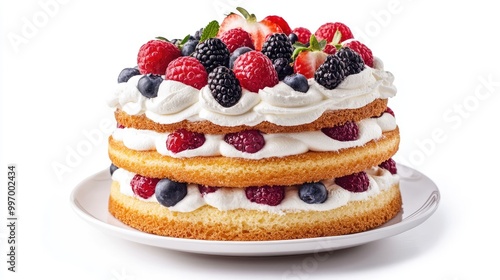 A delicious layered sponge cake topped with whipped cream and fresh fruit, set on a white background, perfect for showcasing the beauty of dessert.