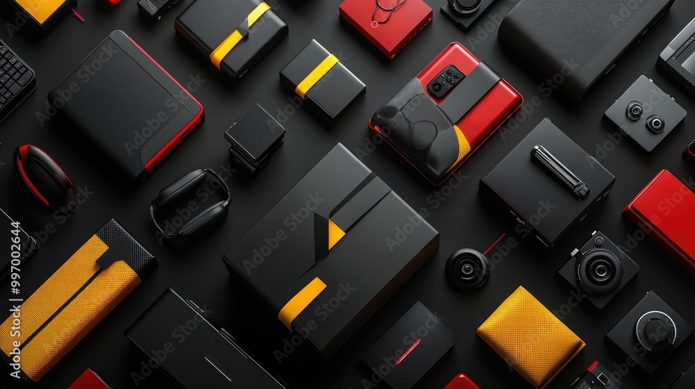 Modern Tech Gadgets Arranged in Geometric Pattern on Black Background Modern Tech Gadgets Arranged in Geometric Pattern on Black Background