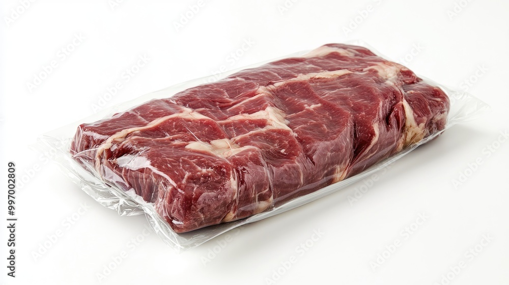 A flank steak wrapped in clear plastic packaging, displayed on a clean white background, emphasizing its freshness and premium quality. A flank steak wrapped in clear plastic packaging, displayed on a clean white background, emphasizing its freshness and premium quality.