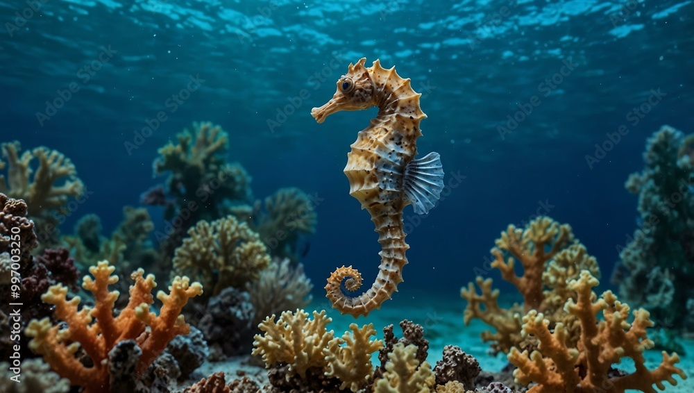 Seahorse swimming in blue water near corals. Seahorse swimming in blue water near corals.
