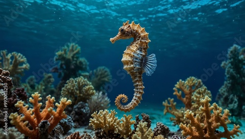 Seahorse swimming in blue water near corals.