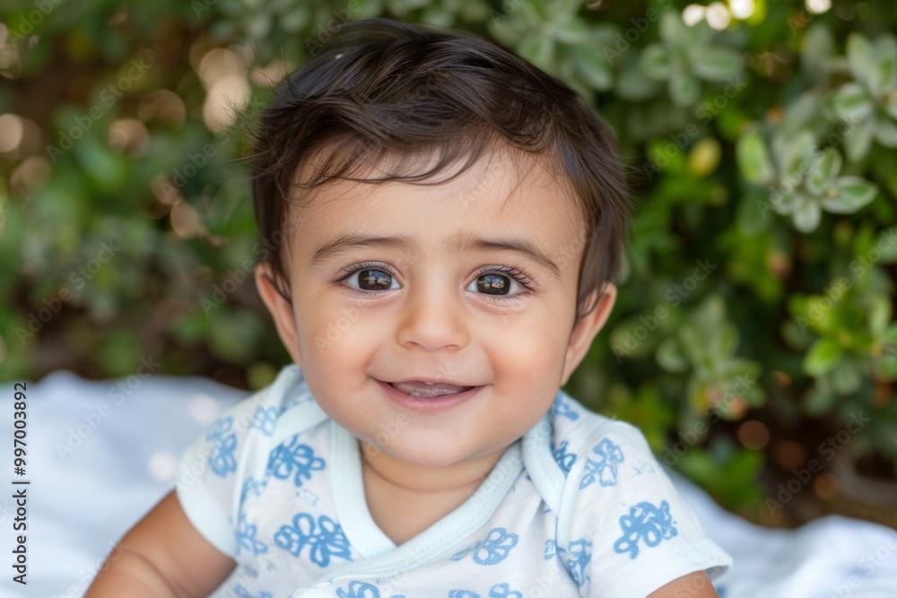 Adorable baby boy with dark hair and brown eyes smiles for the camera. Adorable baby boy with dark hair and brown eyes smiles for the camera.