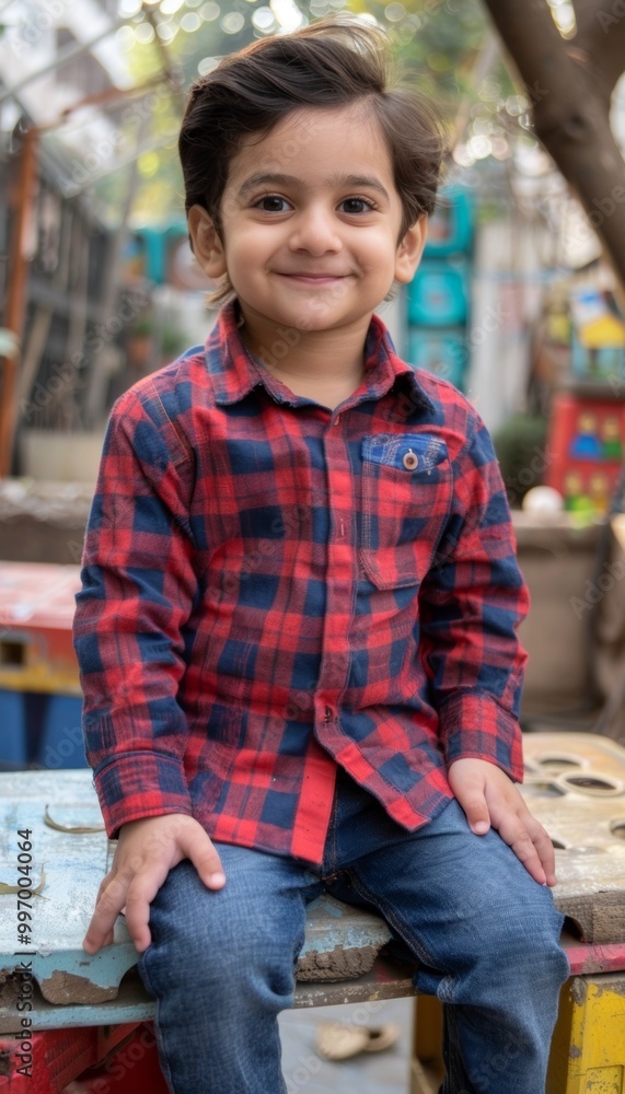 A young boy in a red and blue plaid shirt sits on a wooden bench with a sweet smile. A young boy in a red and blue plaid shirt sits on a wooden bench with a sweet smile.