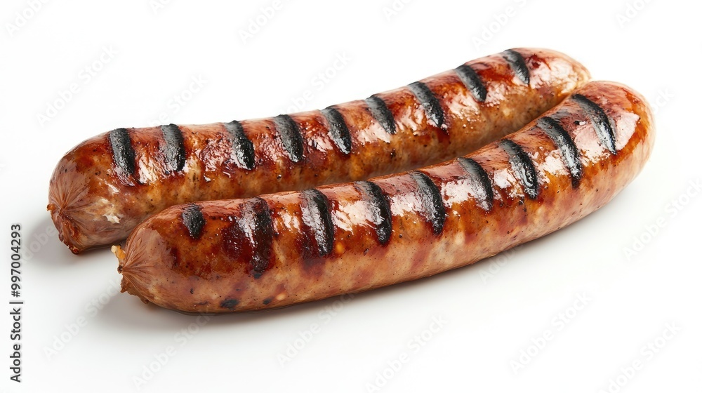 A juicy grilled sausage with grill marks, served on a plain white background, highlighting its texture and delicious appearance, perfect for food styling. A juicy grilled sausage with grill marks, served on a plain white background, highlighting its texture and delicious appearance, perfect for food styling.