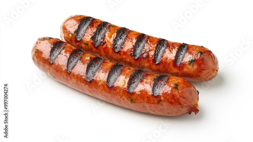 A juicy grilled sausage with grill marks, served on a plain white background, highlighting its texture and delicious appearance, perfect for food styling.