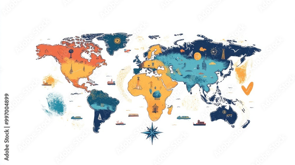 Naklejka premium World Map with Cultural and Historical Landmarks, Colorful Geography Illustration