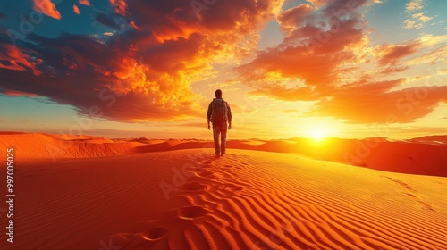 Adventurous Man Walking Through Desert at Sunset with Dramatic Sky and Sand Dunes