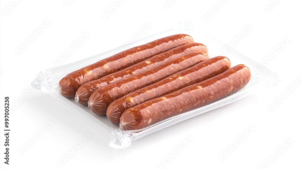 A pack of fresh sausages neatly sealed in transparent plastic packaging, displayed on a white background, highlighting product freshness and ready-to-cook convenience. A pack of fresh sausages neatly sealed in transparent plastic packaging, displayed on a white background, highlighting product freshness and ready-to-cook convenience.