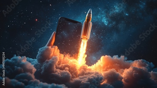 Smartphone Rocket Launching into Space Amongst Clouds - Futuristic Technology Concept photo