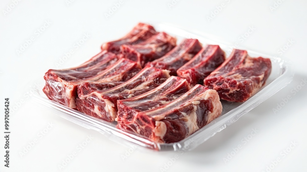 A package of fresh beef short ribs in clear plastic, arranged on a white background, emphasizing their quality for a retail meat display. A package of fresh beef short ribs in clear plastic, arranged on a white background, emphasizing their quality for a retail meat display.