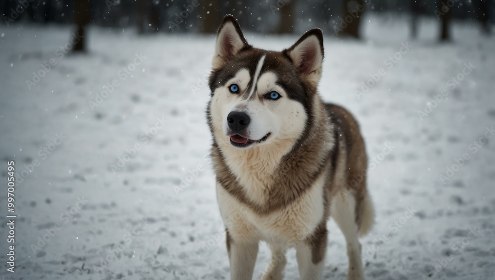 Siberian husky standing in winter snow. Siberian husky standing in winter snow.