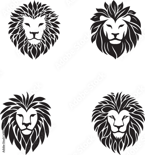 Stylized Lion Logos with Leaf Mane Design in Black and White photo