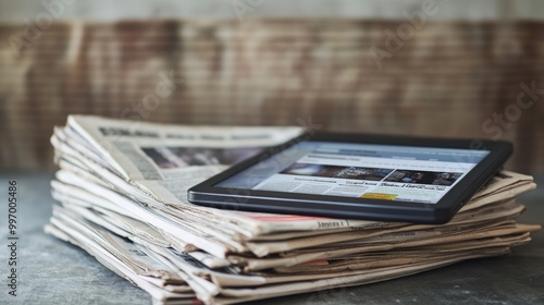 Tablet with news website on stack of newspapers. All contents are made up. 