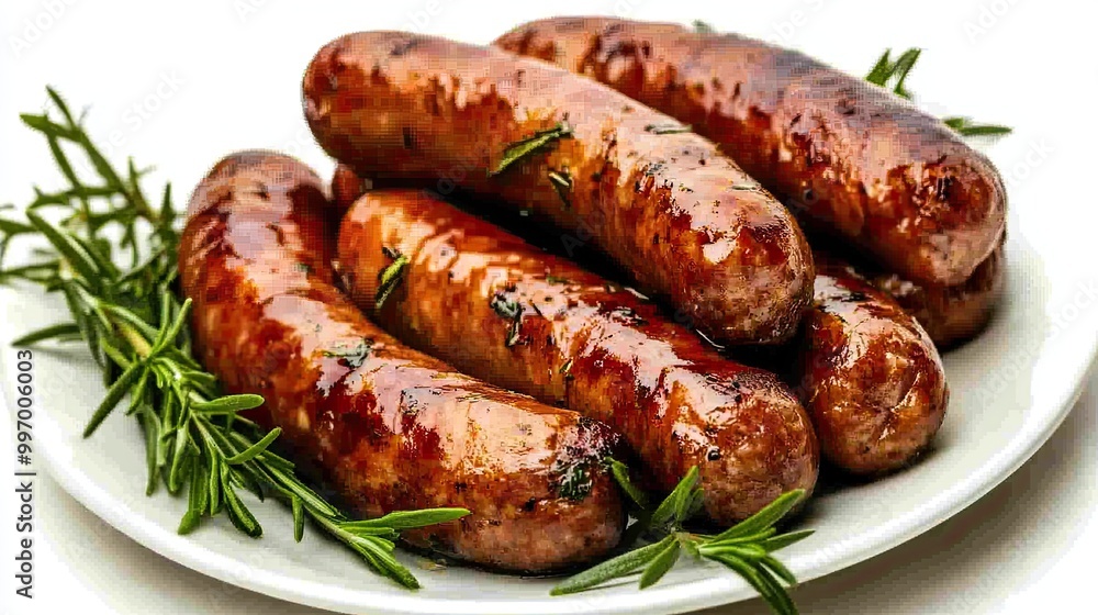 A plate of breakfast sausages served with herbs, presented on a white background, focusing on the rich texture and savory quality of the meat. A plate of breakfast sausages served with herbs, presented on a white background, focusing on the rich texture and savory quality of the meat.