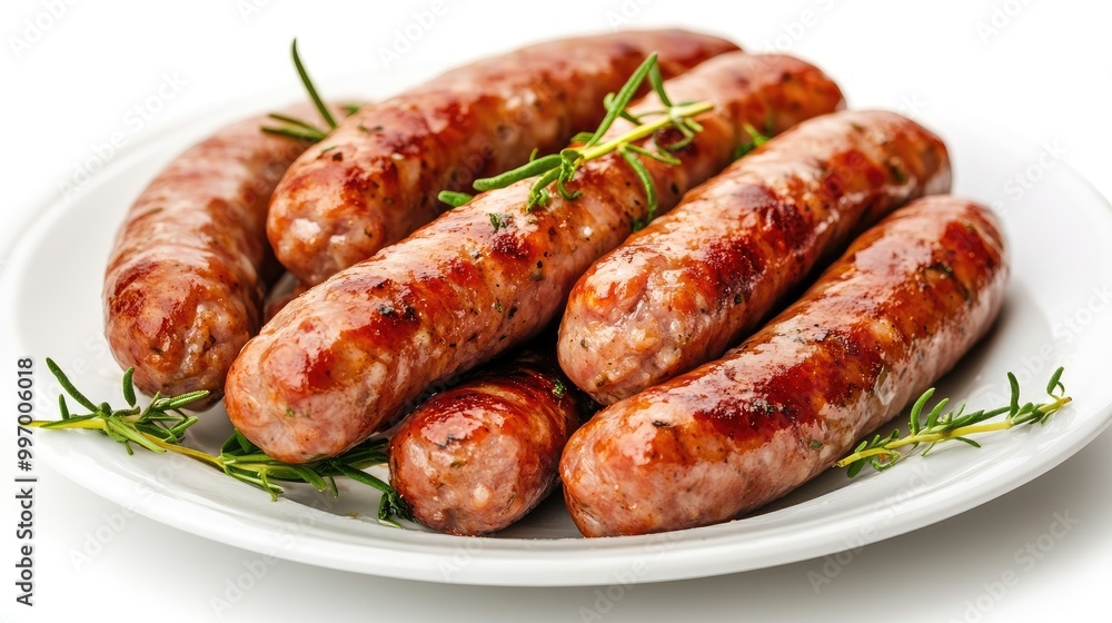 A plate of breakfast sausages served with herbs, presented on a white background, focusing on the rich texture and savory quality of the meat. A plate of breakfast sausages served with herbs, presented on a white background, focusing on the rich texture and savory quality of the meat.