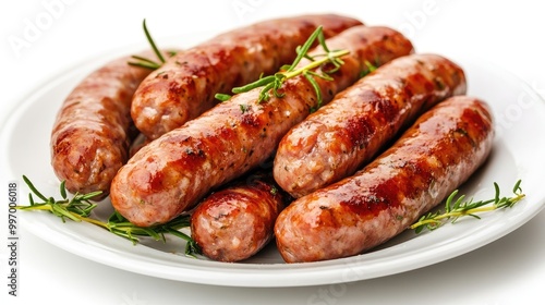 A plate of breakfast sausages served with herbs, presented on a white background, focusing on the rich texture and savory quality of the meat.