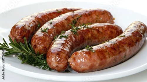 A plate of breakfast sausages served with herbs, presented on a white background, focusing on the rich texture and savory quality of the meat.