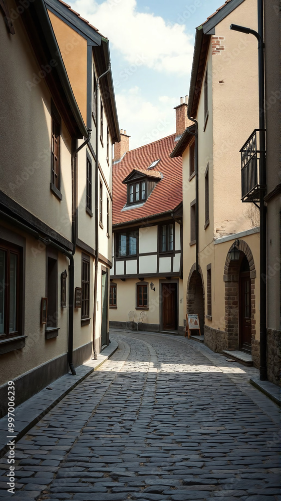 Obraz premium Narrow cobblestone street in a charming European village during daylight